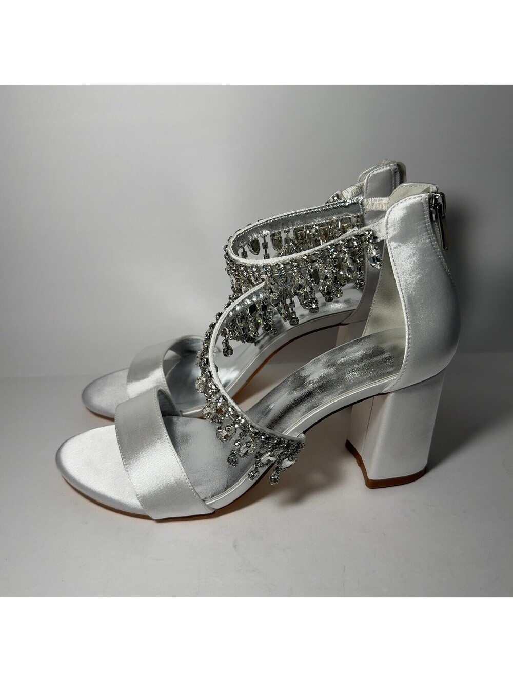 White Satin Rhinestone Fringe Block Heel Sandals Evening Wedding Shoe Size 40 EU